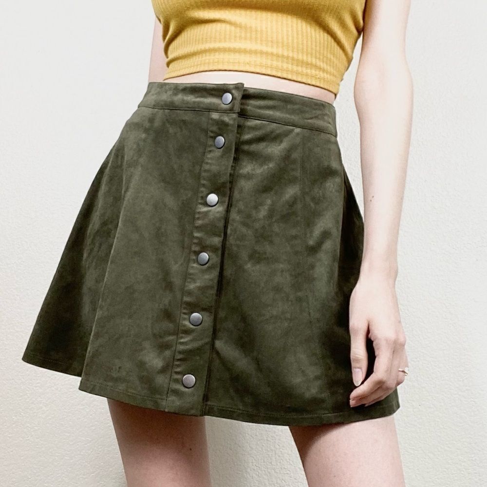 Forever 21 Army Green Faux Suede Button Up Mini Skirt